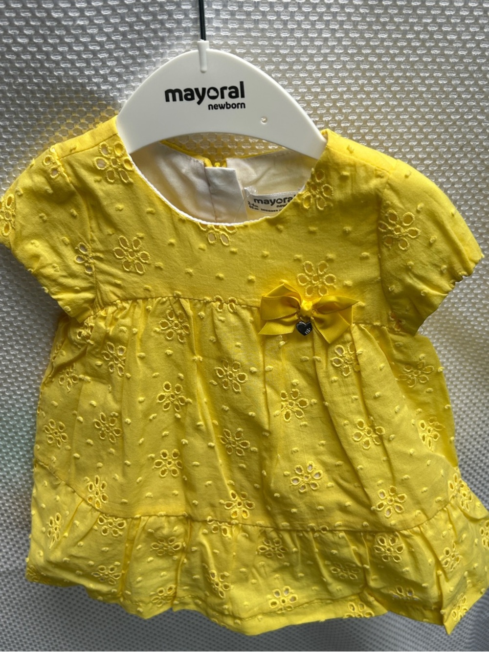Mayoral Bright Yellow Eyelet Cotton Baby Dress with little bloomers. Lined. NWT